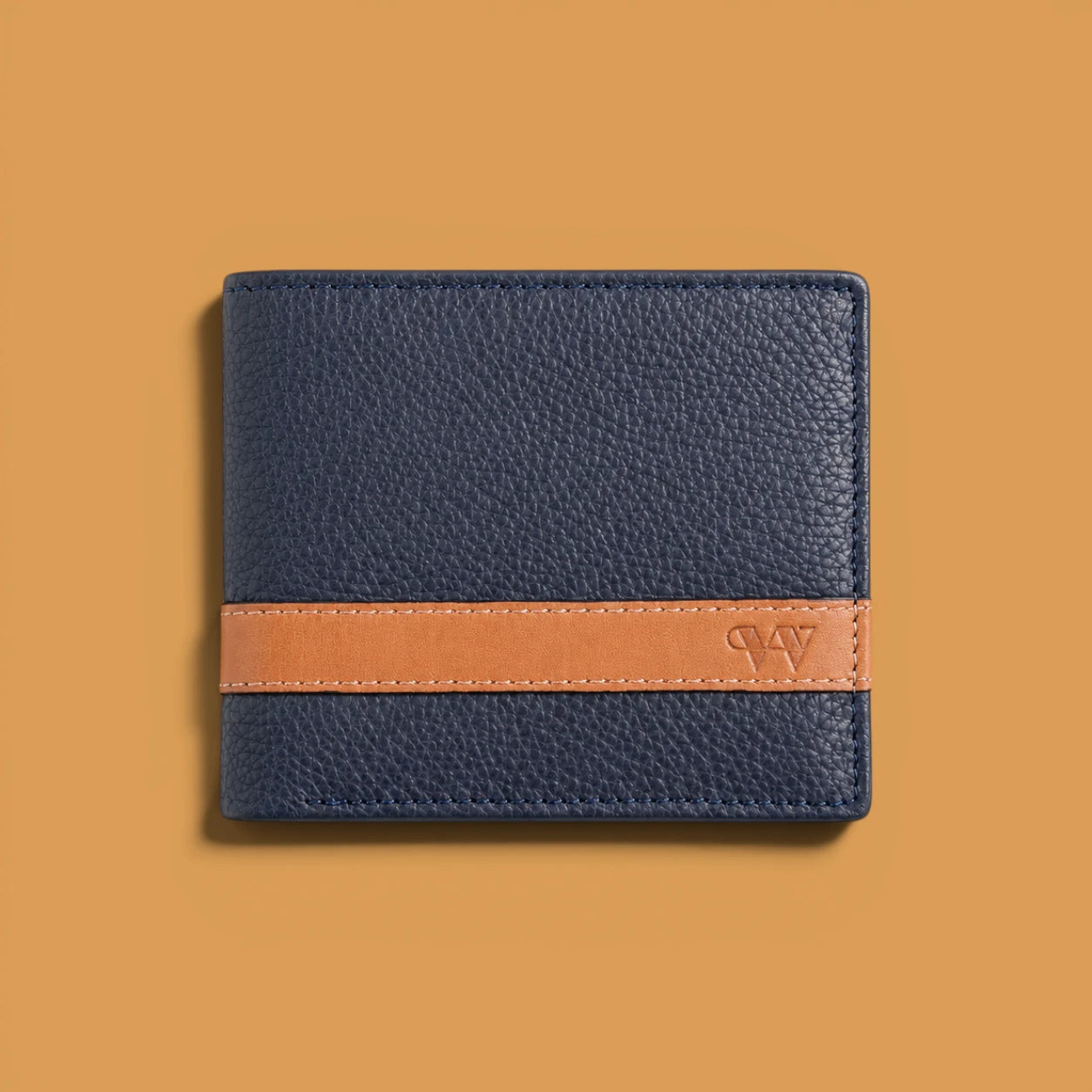 Wildebeast The Outrider Navy leather bifold wallet with tan contrast stripe and RFID protection