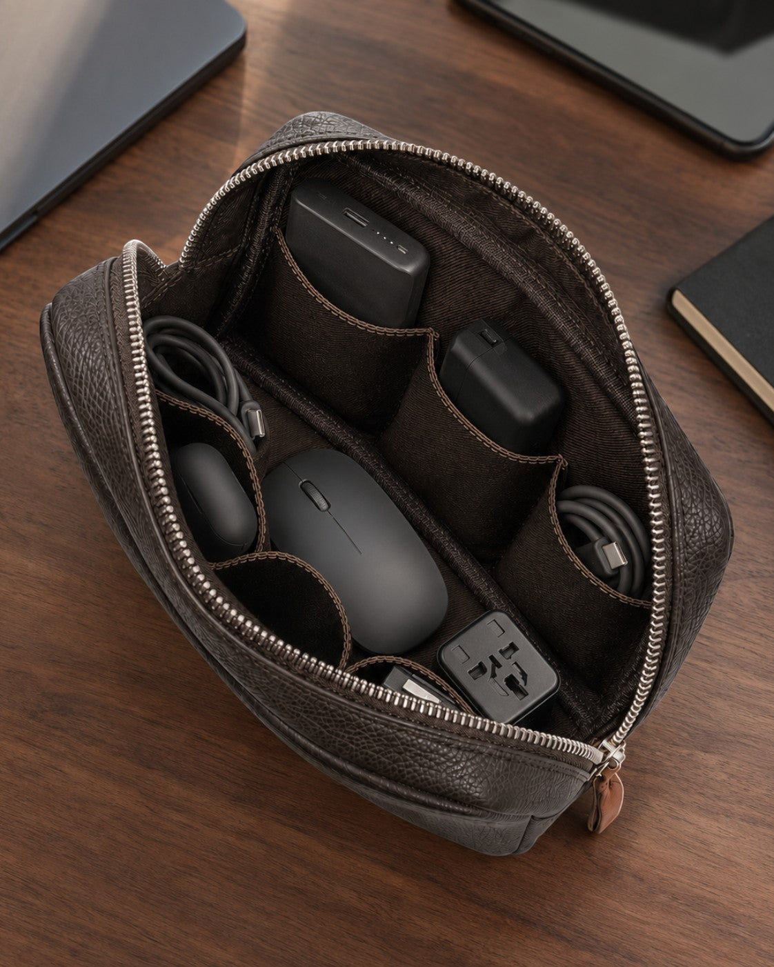 Wildebeast The Relay brown pebbled leather tech organiser pouch filled with cables, chargers, and a computer mouse.