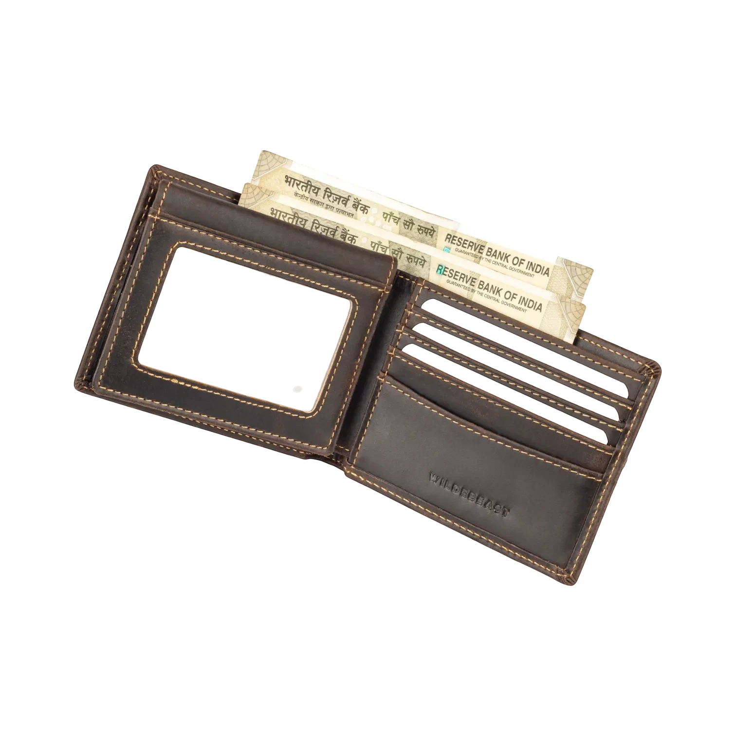 Wildebeast The Ranger brown Crazy Horse leather wallet with ID window, card slots, and Indian currency notes.