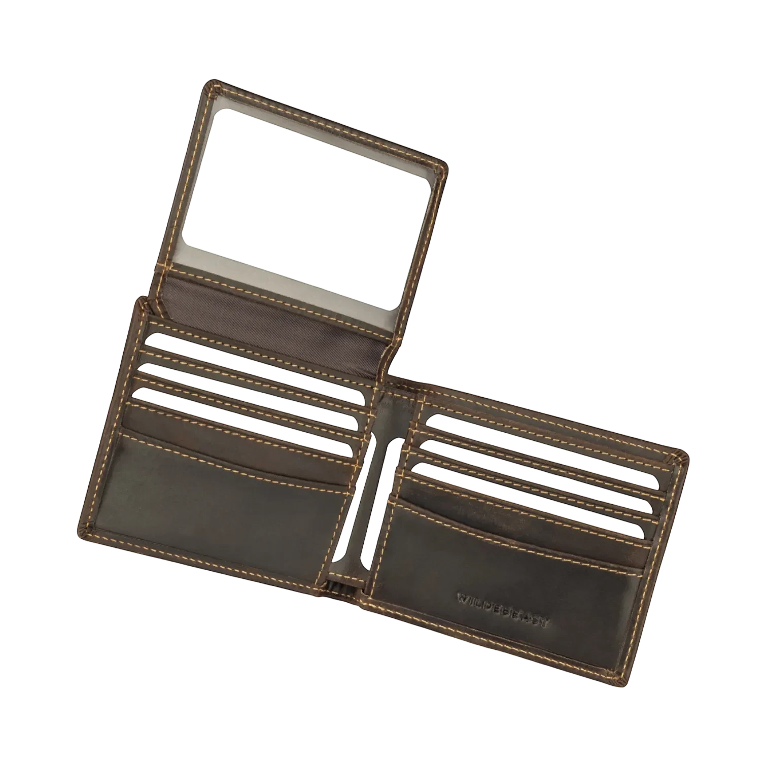 Wildebeast The Ranger brown Crazy Horse leather wallet with ID window and multiple card slots on black background