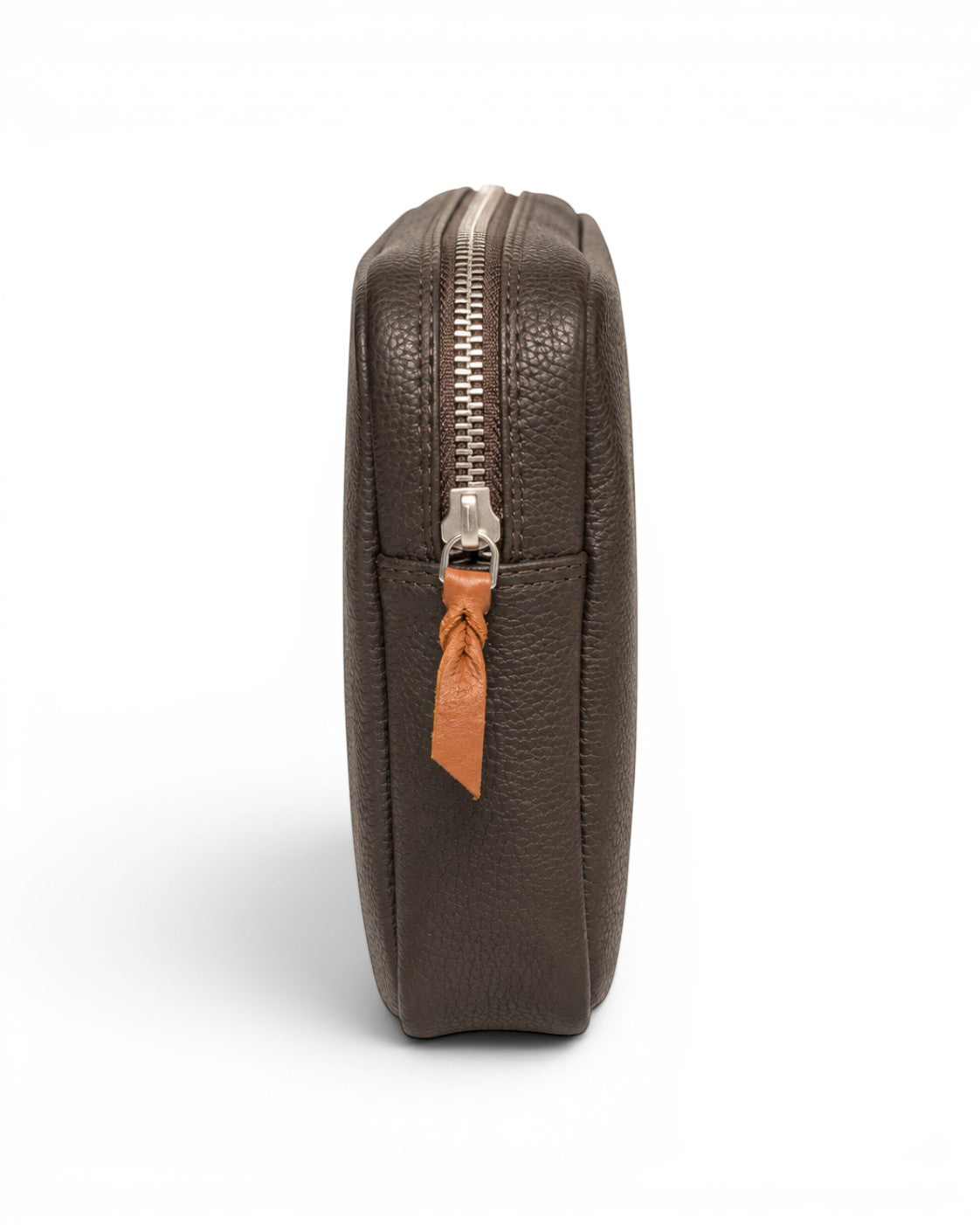 Wildebeast The Relay dark brown pebbled leather tech organiser pouch with silver zip and tan leather pull, side view