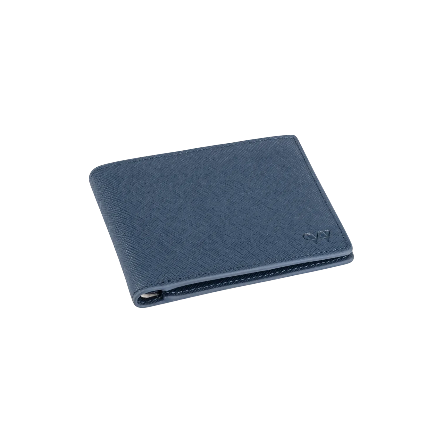 Wildebeast The Edge slim bifold wallet in blue Saffiano-textured leather with RFID protection and embossed logo