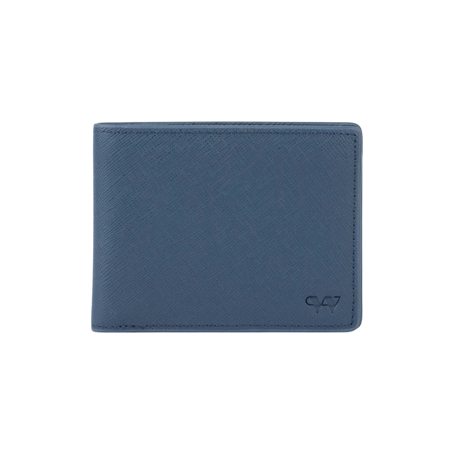 Wildebeast The Edge blue bifold wallet in Saffiano-textured leather with a slim, structured profile.