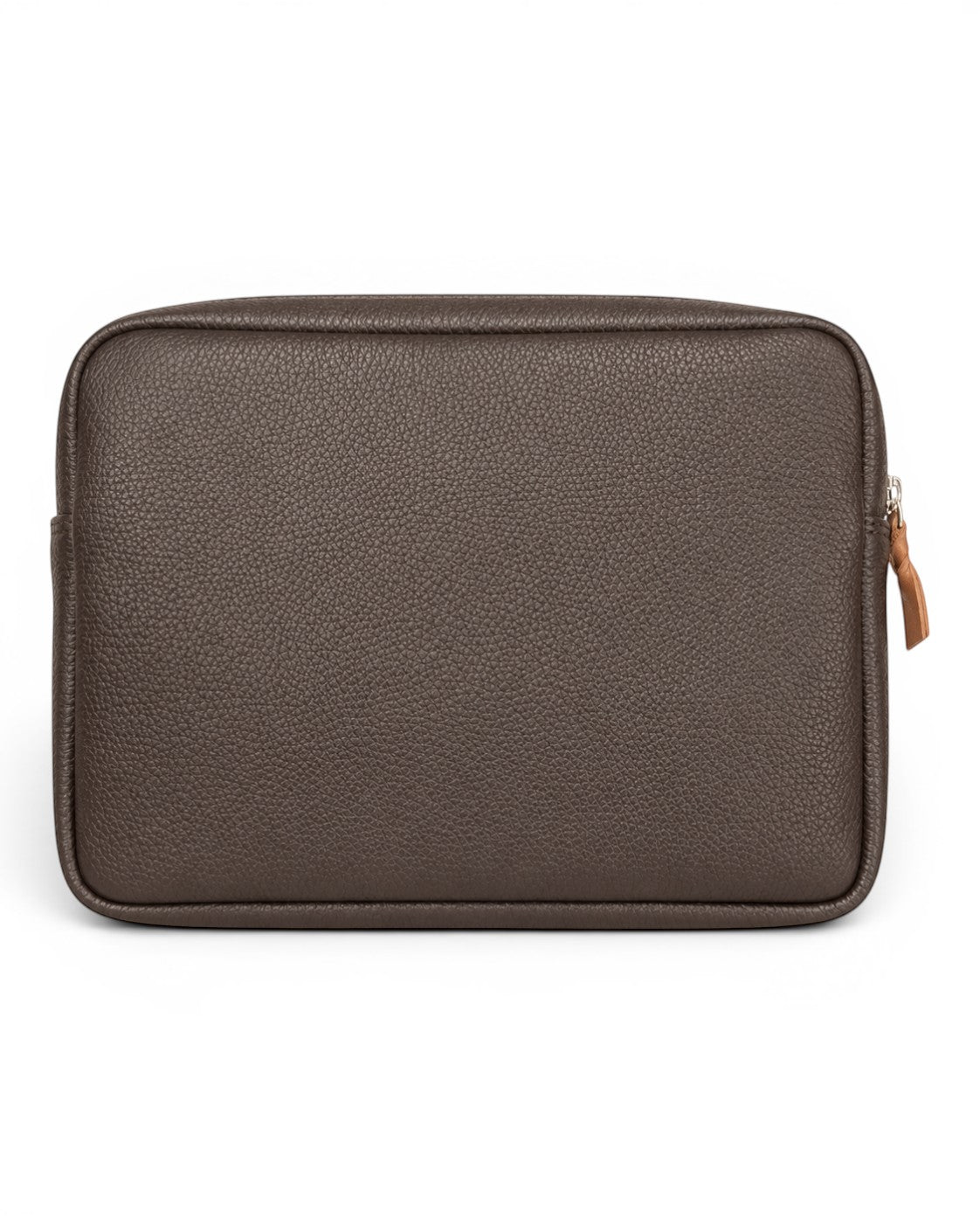 Wildebeast The Relay dark brown pebbled leather tech organiser pouch with a silver zip and tan leather pull.