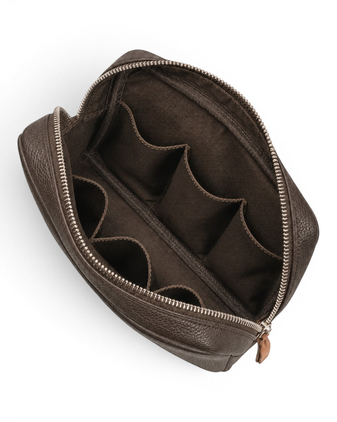 Wildebeast The Relay brown pebbled leather tech organiser pouch with six interior slots and a central compartment.