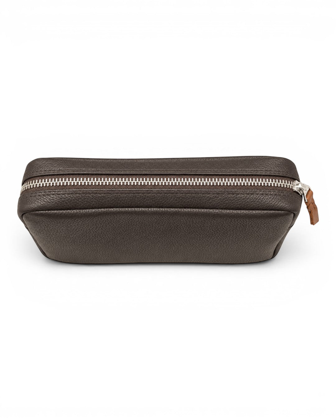 Wildebeast The Relay compact dark brown pebbled leather tech organiser pouch with a silver zip and tan leather pull.