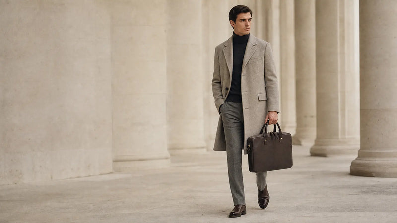 The Wayfarer leather laptop bag carried through pale stone architecture on a daily commute