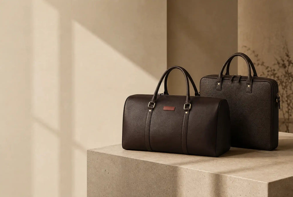 Two leather laptop briefcases on a stone ledge