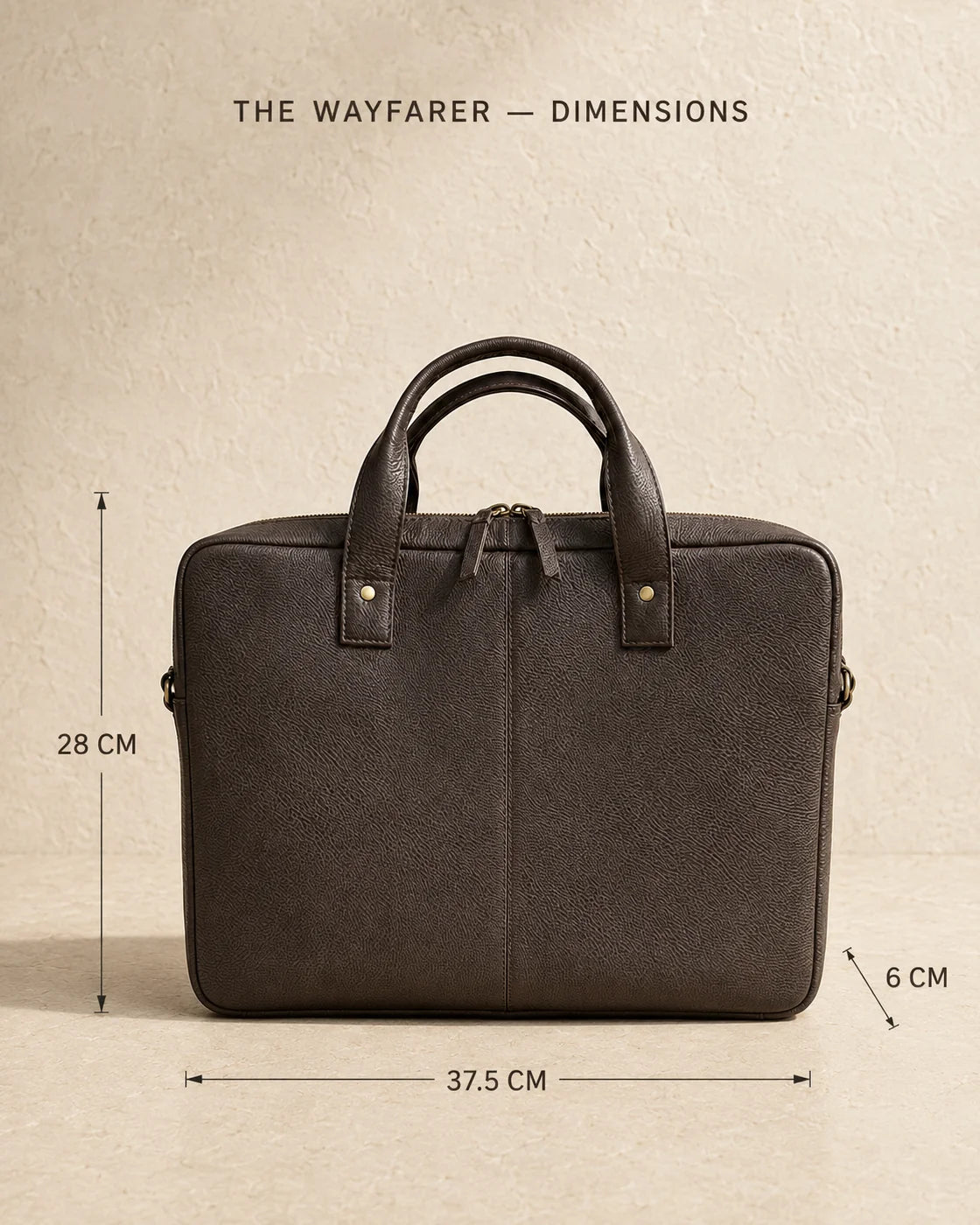 The Wayfarer leather laptop bag dimensions: 37.5 cm wide, 28 cm high and 6 cm deep