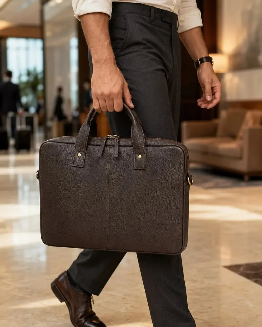 The Wayfarer leather laptop bag carried by a man in a premium hotel lobby
