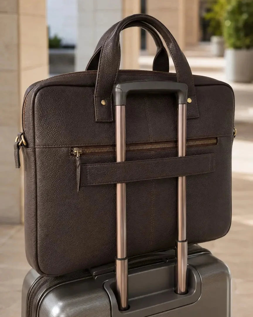 The Wayfarer leather laptop bag attached to a suitcase handle using the trolley sleeve