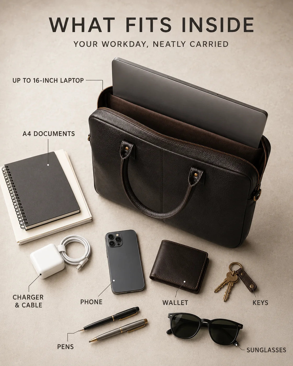What fits inside The Wayfarer: up to a 16 inch laptop, A4 documents, charger, phone, wallet, keys, pens and sunglasses