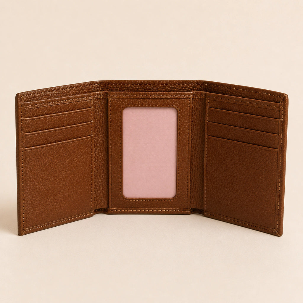 WF-002 trifold wallet open interior with ID window