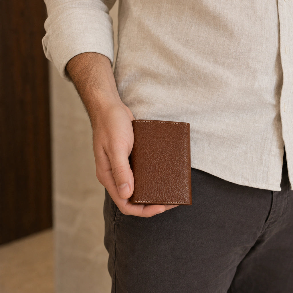 WF-002 brown leather trifold wallet lifestyle