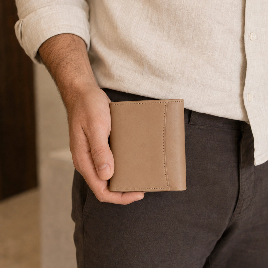 WF-003 beige leather wallet held in hand