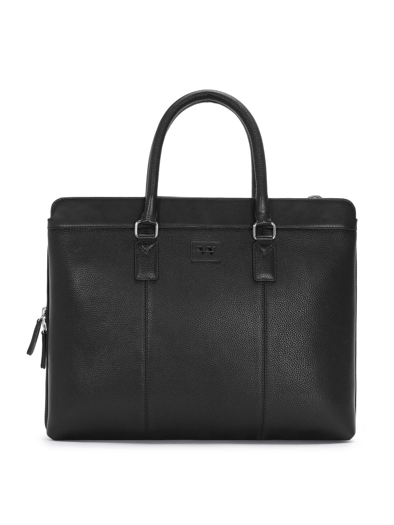 The Commuter black leather laptop bag, front view with twin top handles