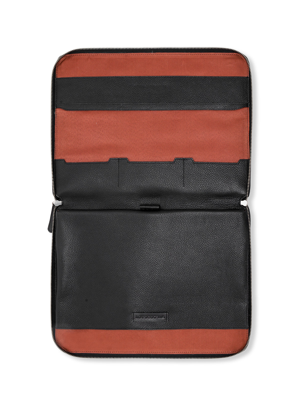 The Dock Tech Folio open and empty, showing its orange-red interior pockets
