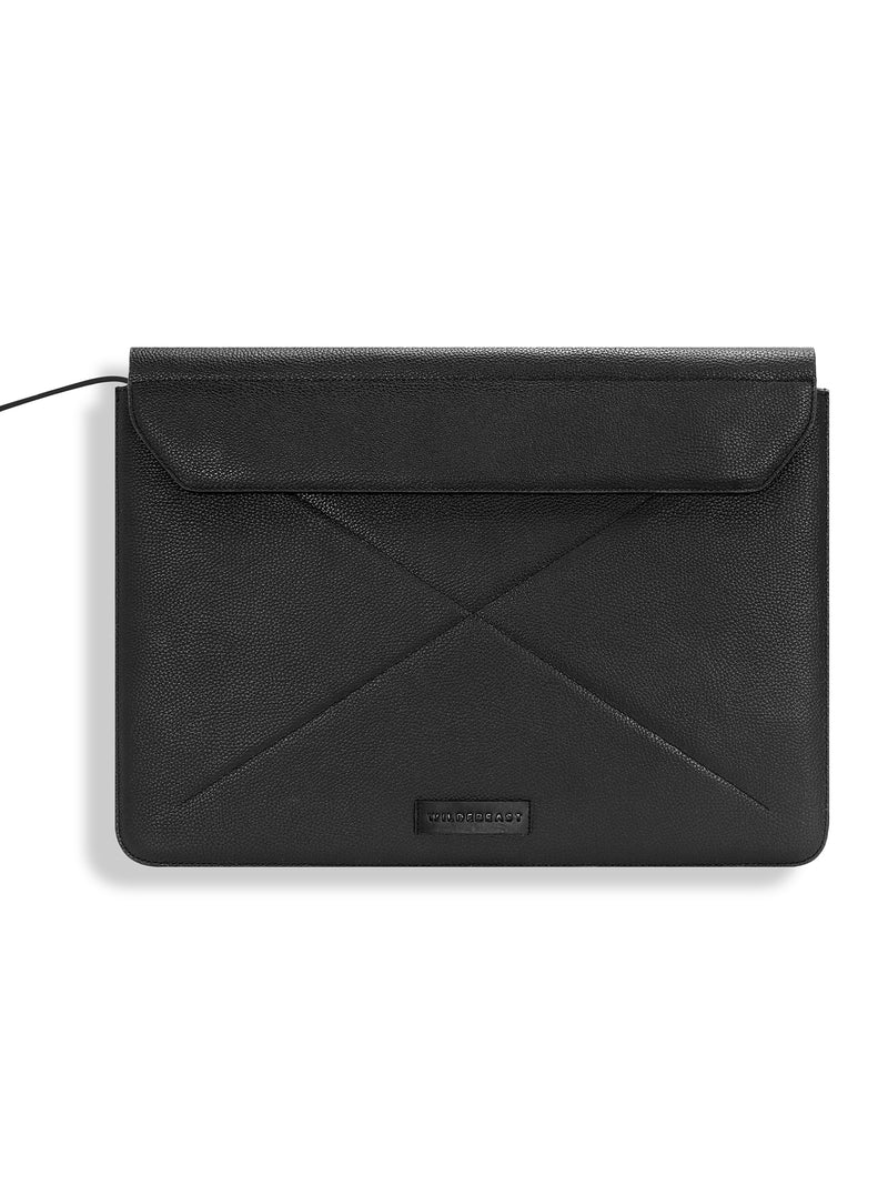 Wildebeast The Envoy black leather envelope laptop sleeve, front view