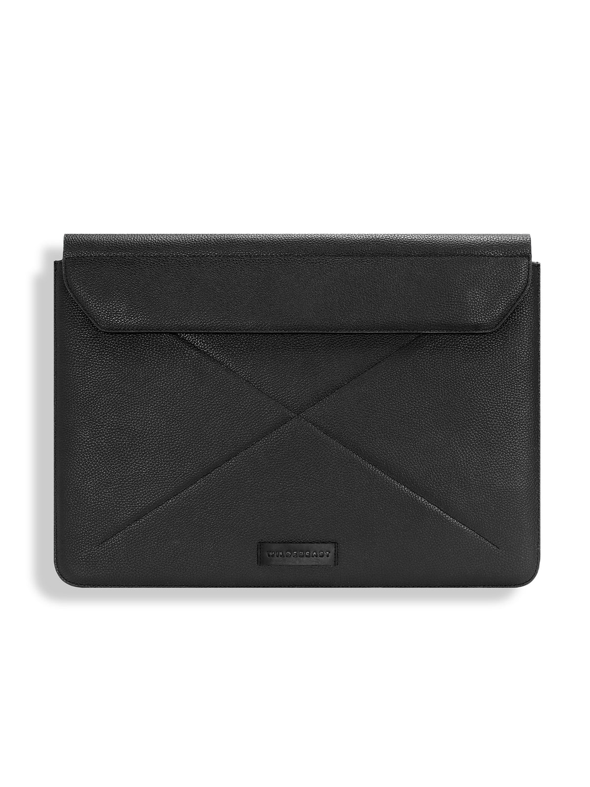 The Envoy black leather laptop sleeve with stitched X design