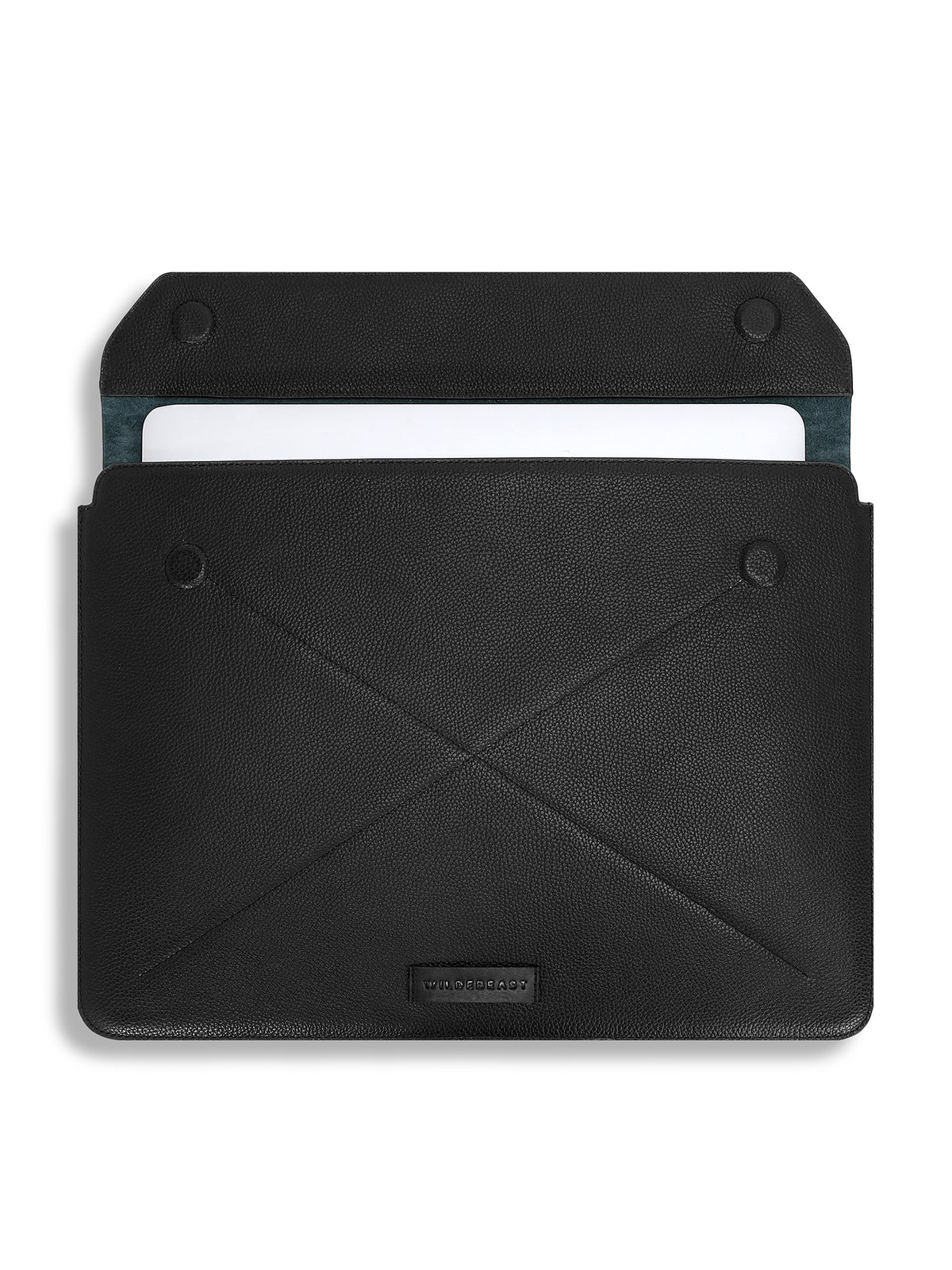 The Envoy black leather sleeve with a laptop sliding in
