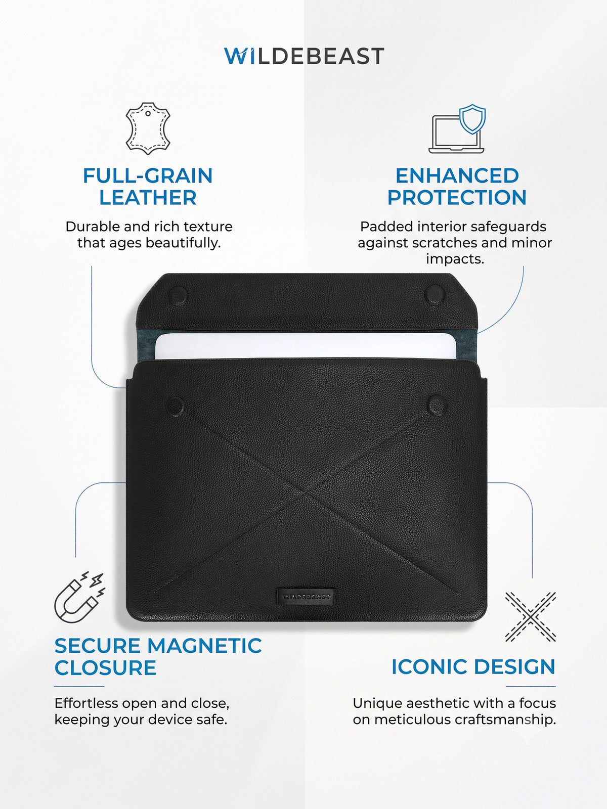 The Envoy black laptop sleeve key features: full-grain leather, padded protection, magnetic closure