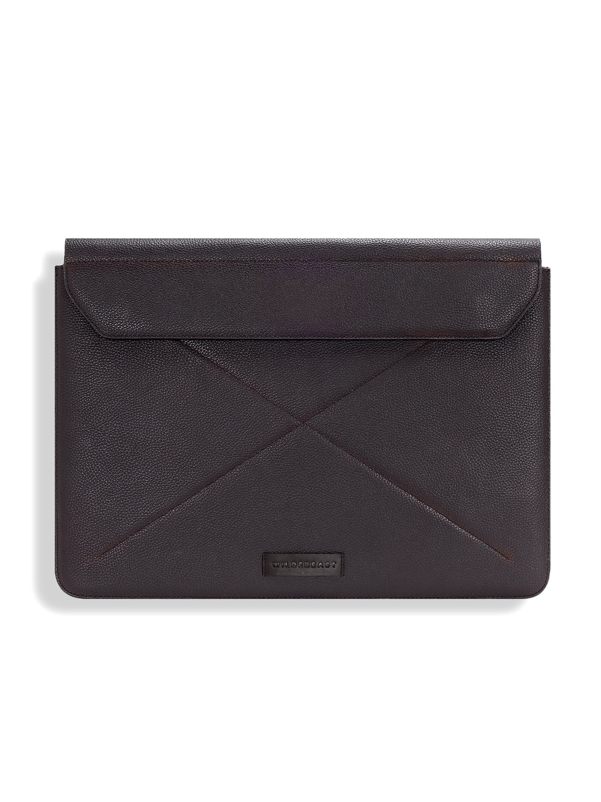 The Envoy brown leather laptop sleeve with stitched X design