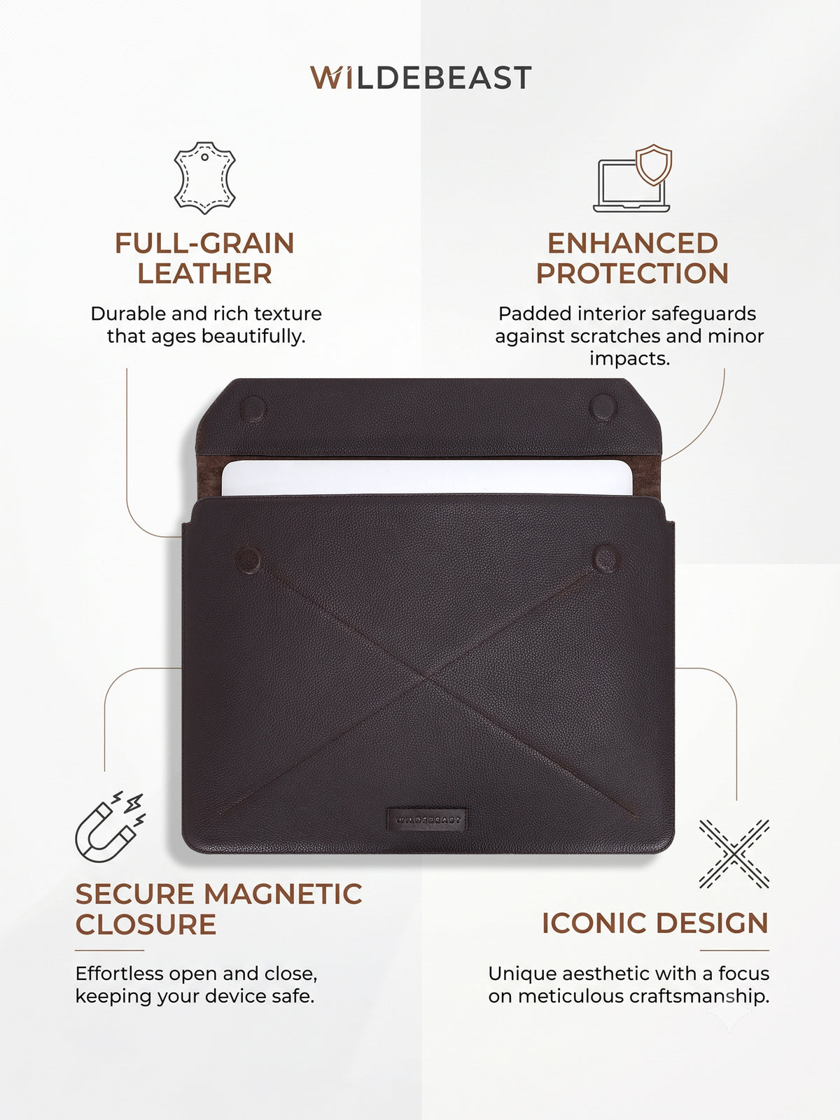 The Envoy brown laptop sleeve key features: full-grain leather, padded protection, magnetic closure