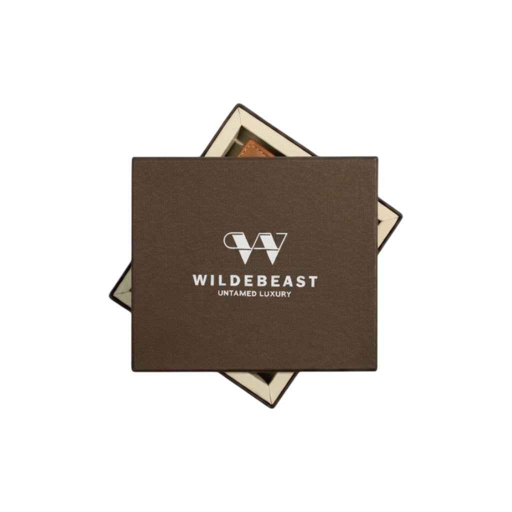 The Frontier Navy leather wallet with its Wildebeast gift box packaging