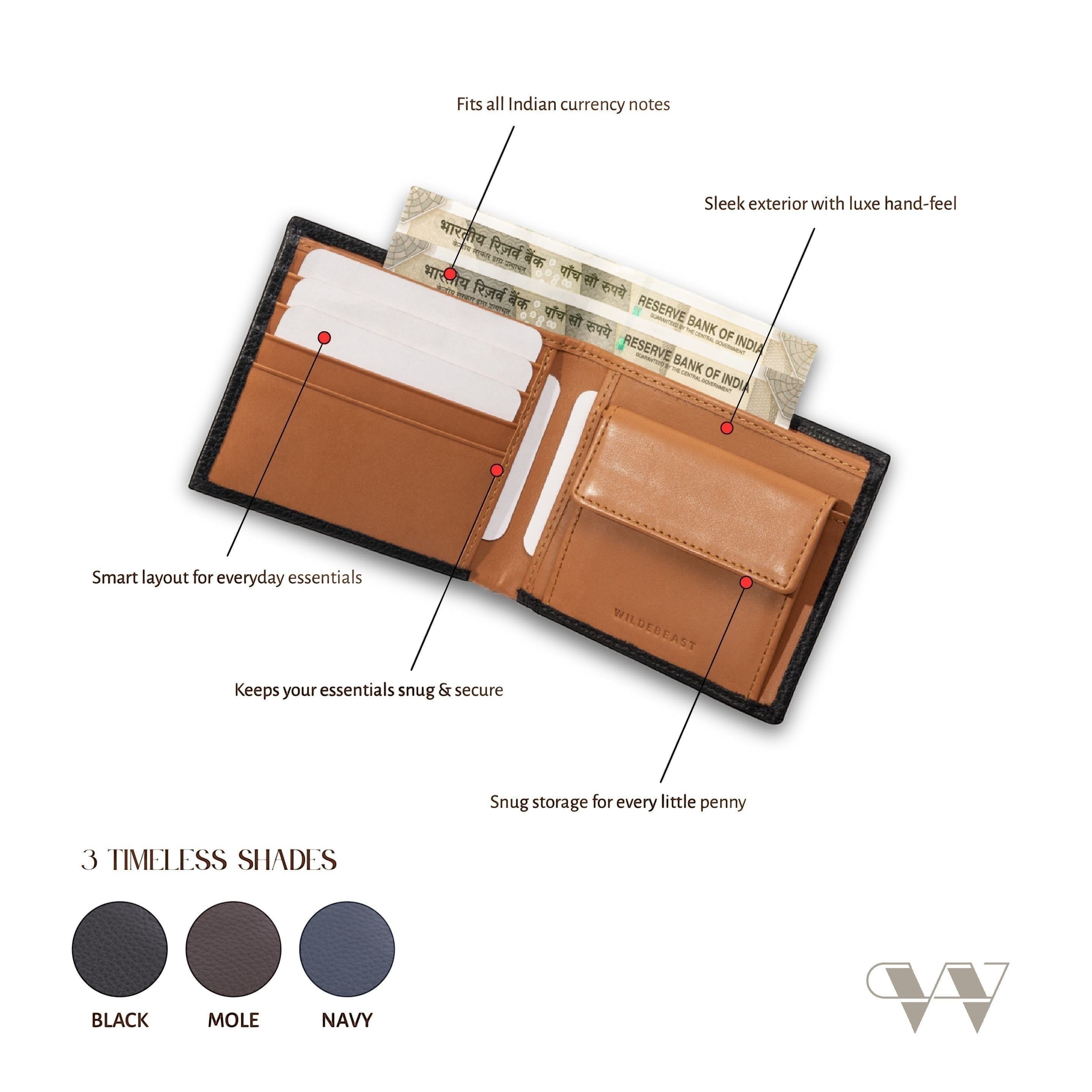 The Frontier Navy leather wallet showing card slots and full-length cash compartment