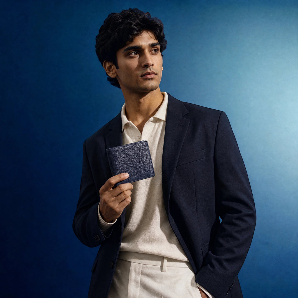 Wildebeast The Frontier navy blue leather wallet held by a man in a blazer against a blue background