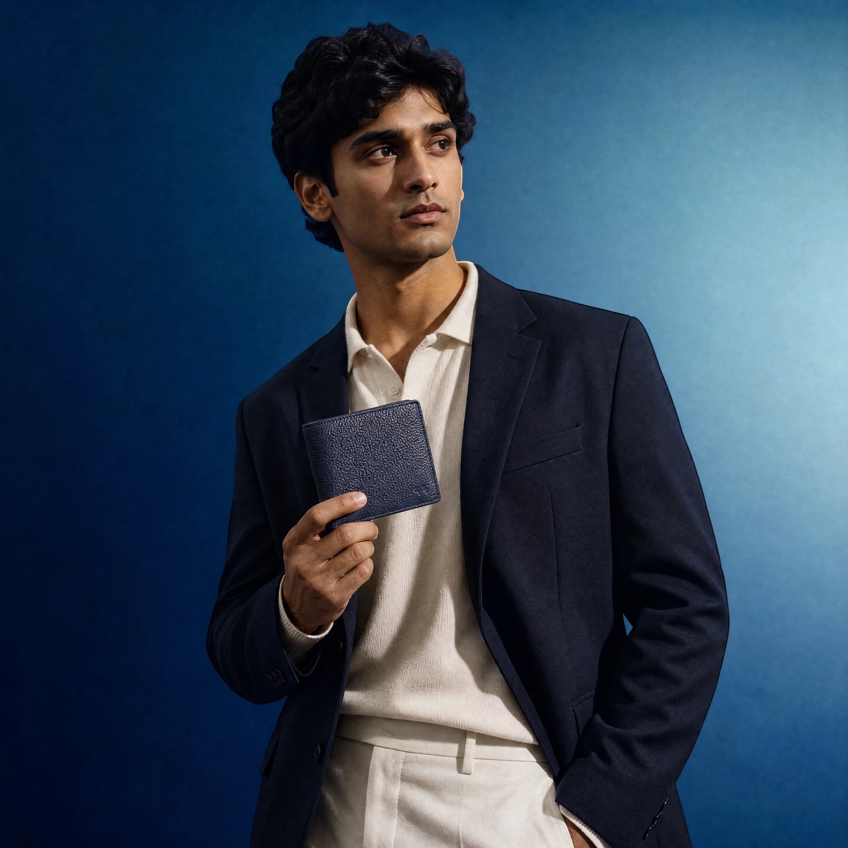 Wildebeast The Frontier navy blue leather wallet held by a man in a blazer against a blue background