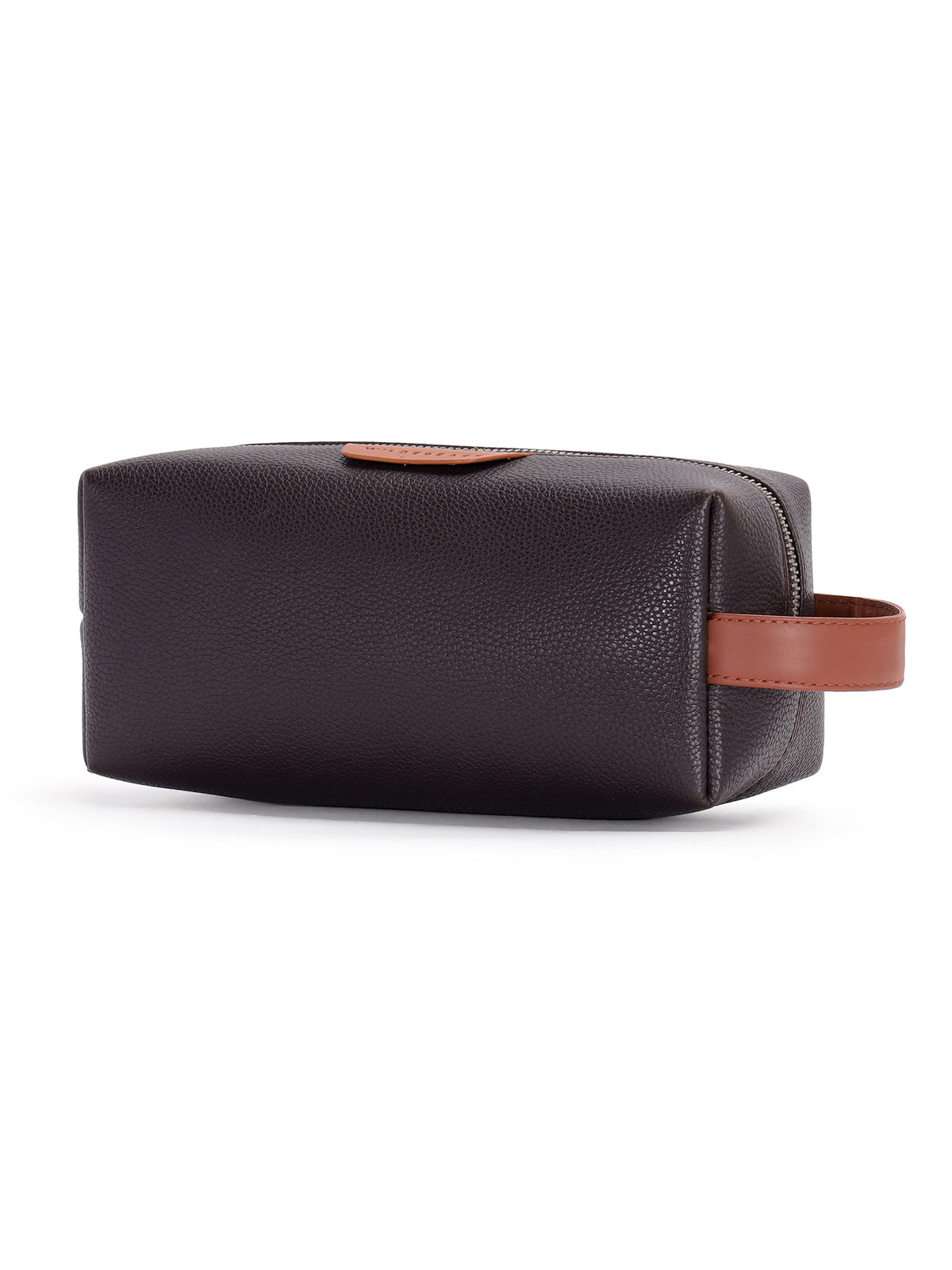 Wildebeast The Geeky Dopp Kit dark brown pebbled leather dopp kit with tan leather handle, side view