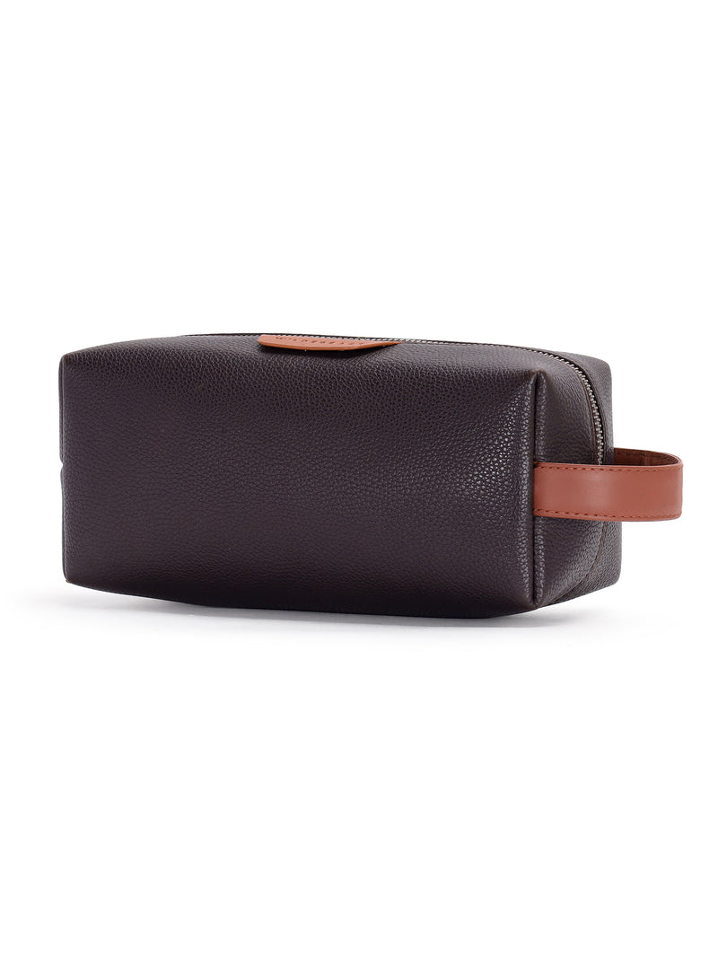 Wildebeast The Geeky Dopp Kit dark brown pebbled leather dopp kit with tan leather handle, side view