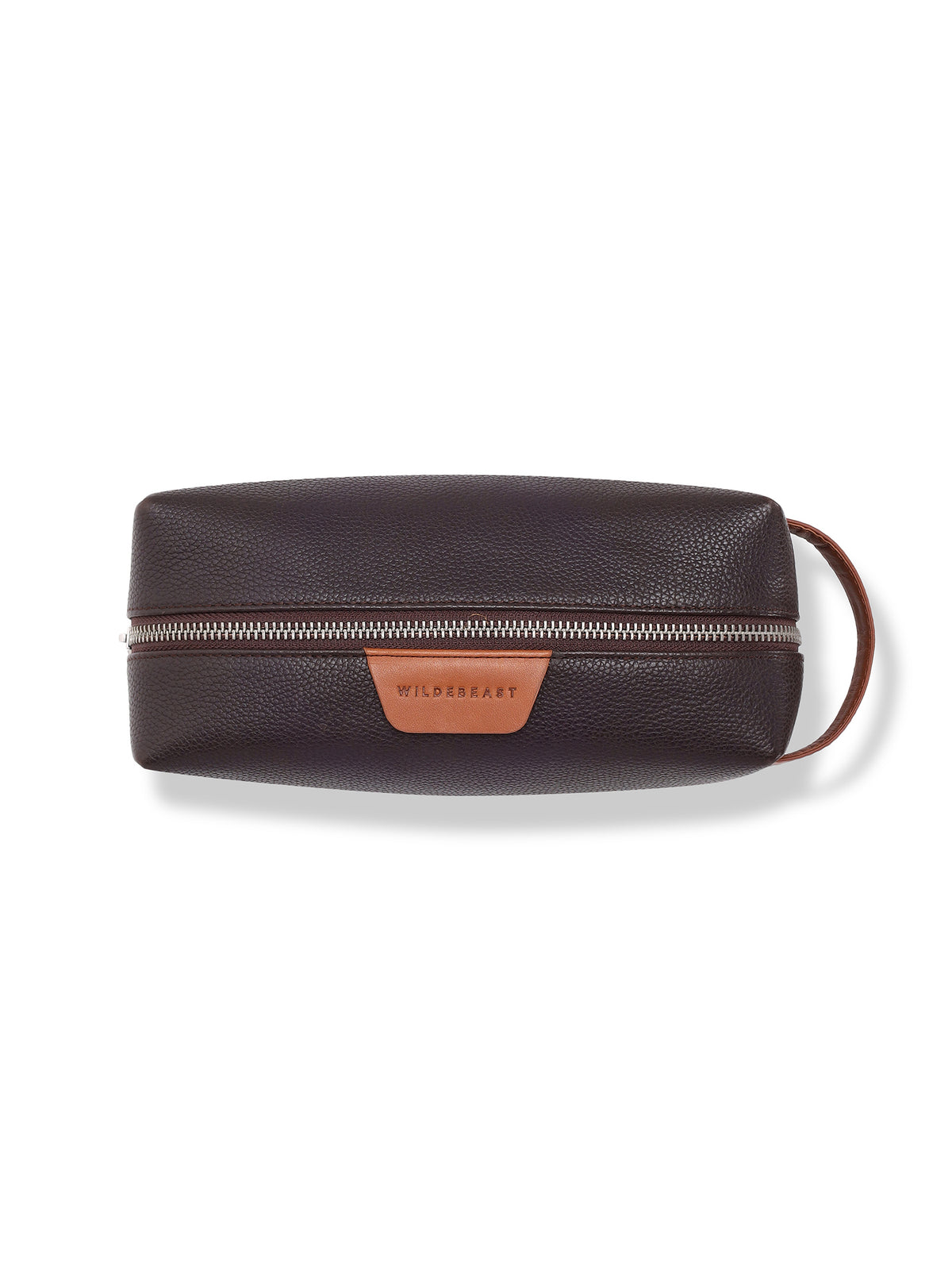 The Geeky Dopp Kit brown leather dopp kit, front view with zip and logo patch