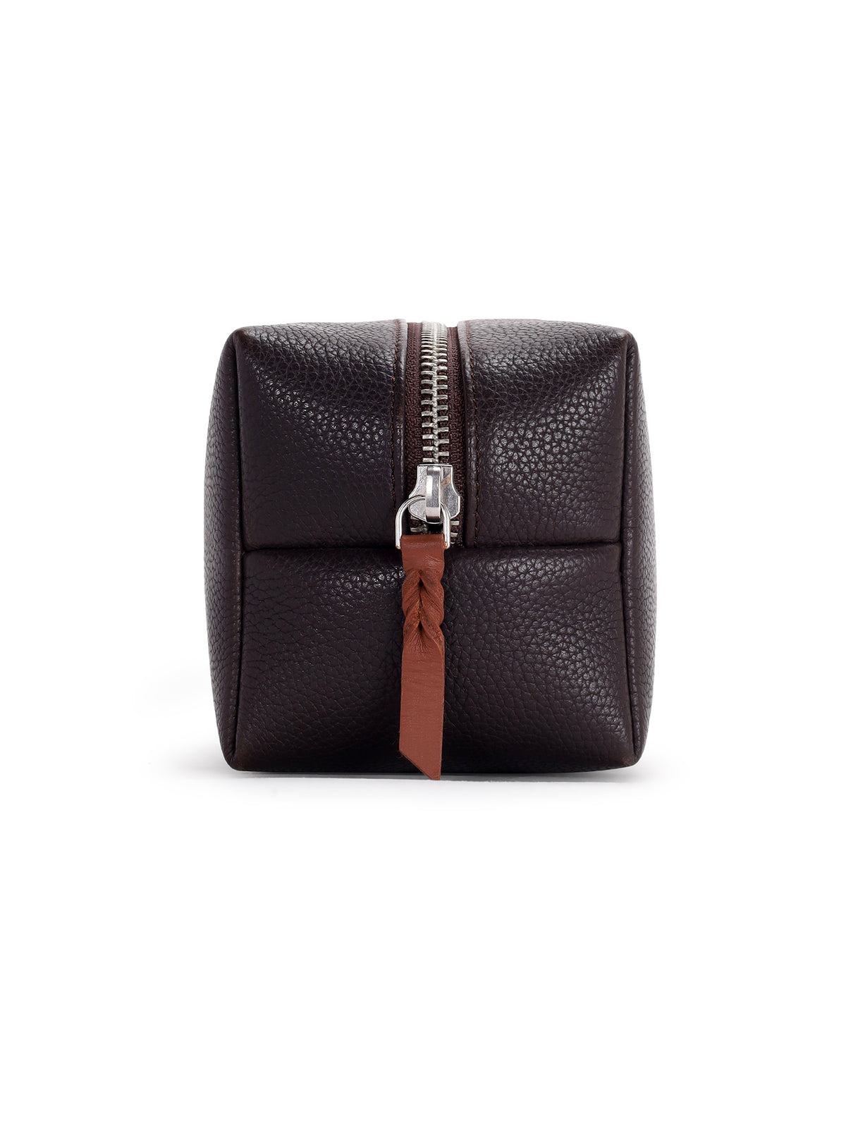 The Geeky Dopp Kit end view showing the zip and tan leather pull