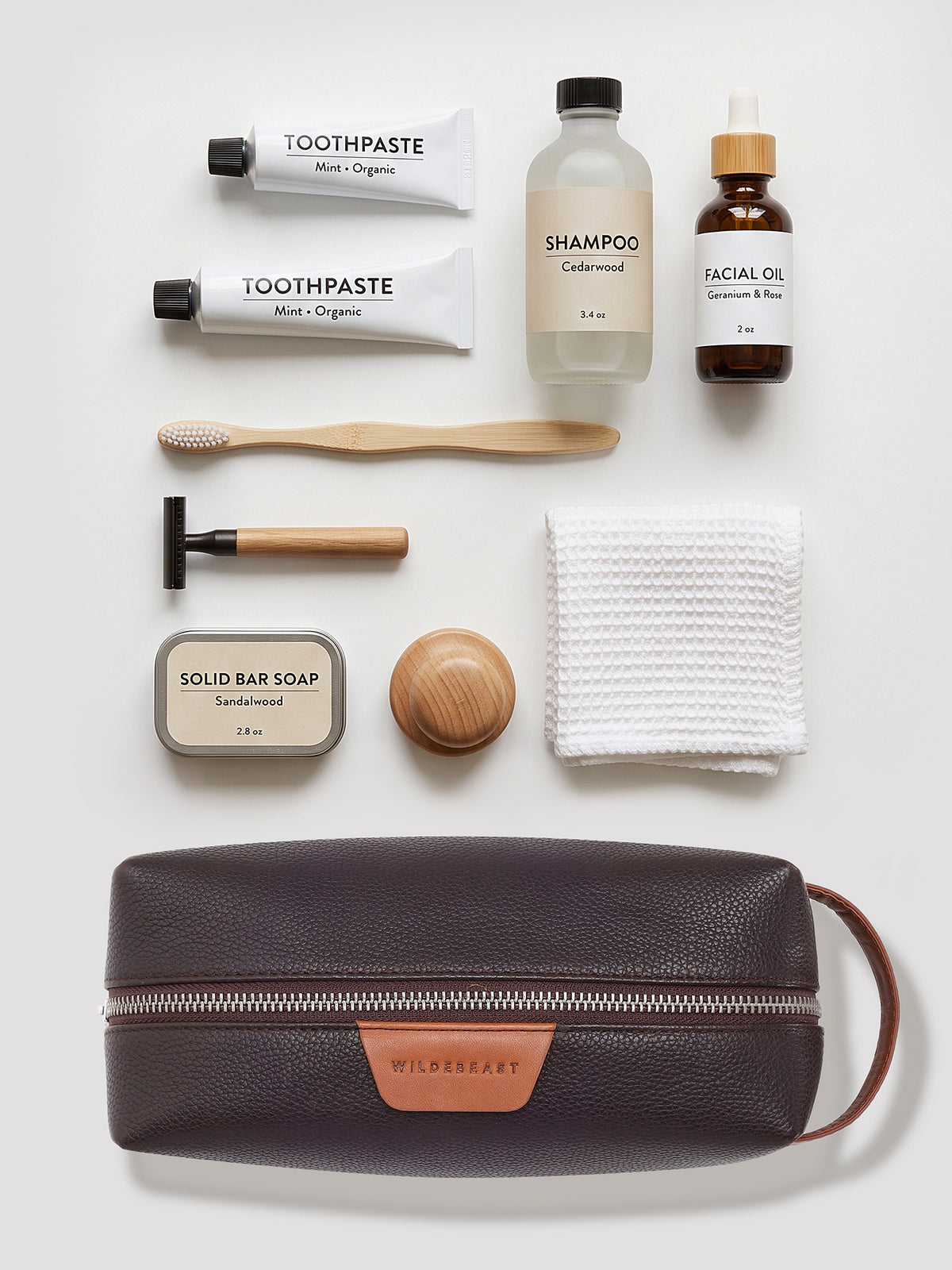 What fits in The Geeky Dopp Kit: toothpaste, shampoo, facial oil, razor, soap and towel