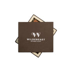 The Nomad Navy leather wallet presented in its Wildebeast gift box
