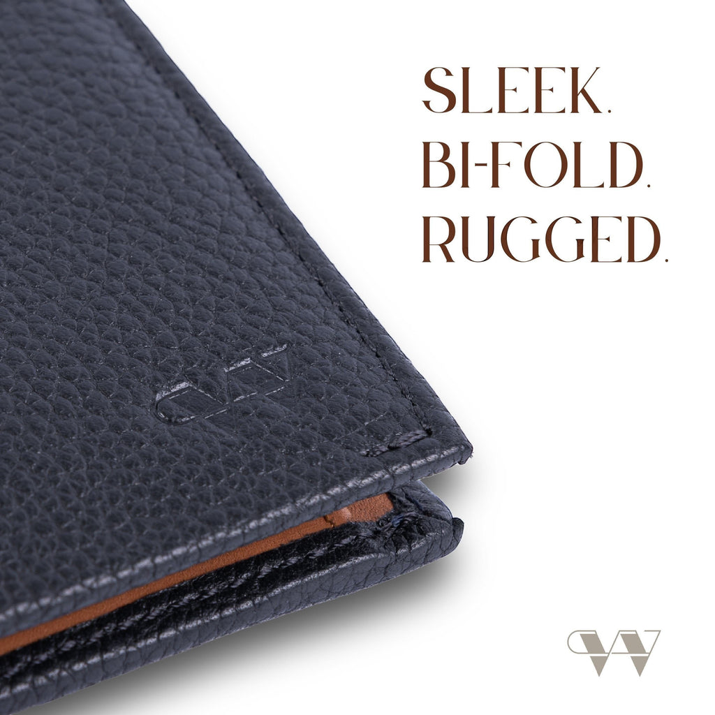 Close-up of The Nomad Navy wallet's full-grain leather texture and stitching