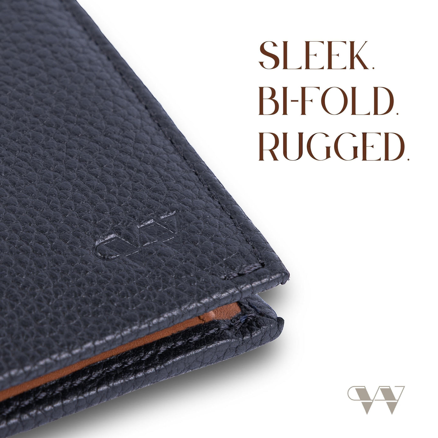 Close-up of The Nomad Navy wallet's full-grain leather texture and stitching