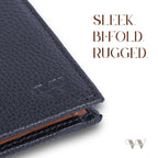 Close-up of The Nomad Navy wallet's full-grain leather texture and stitching