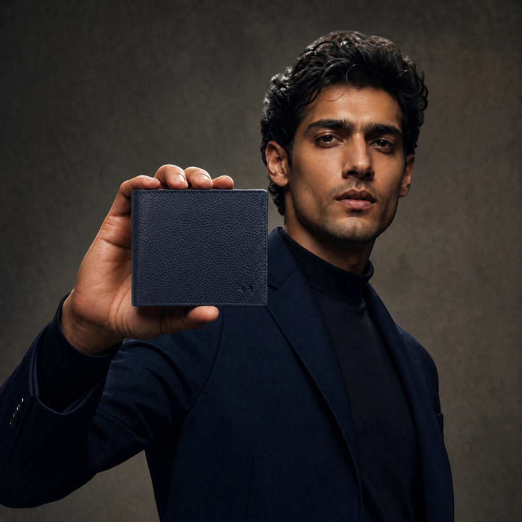 The Nomad Navy leather wallet for men, front view in navy European leather