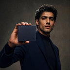 The Nomad Navy leather wallet for men, front view in navy European leather