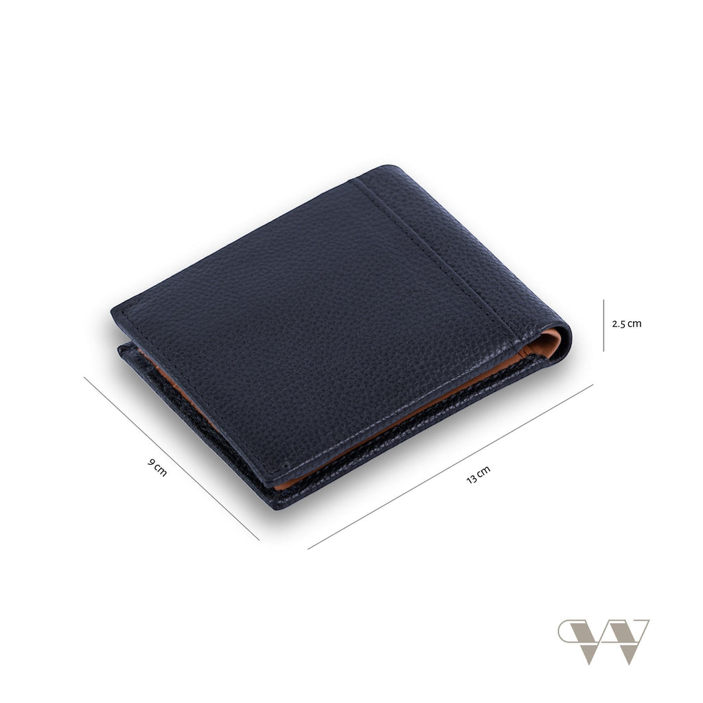 The Nomad Navy bifold wallet in navy leather, angled detail view