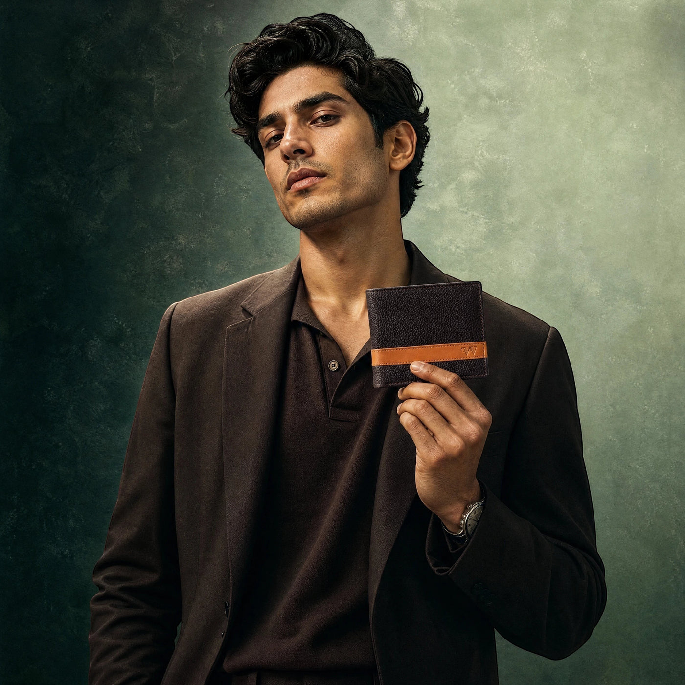 Wildebeast The Outrider brown leather wallet with a contrasting tan stripe held by a man in a brown blazer