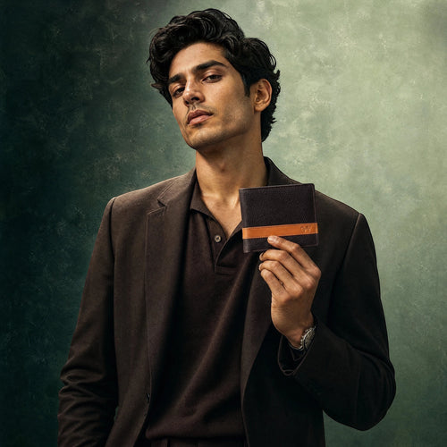 Wildebeast The Outrider brown leather wallet with a contrasting tan stripe held by a man in a brown blazer