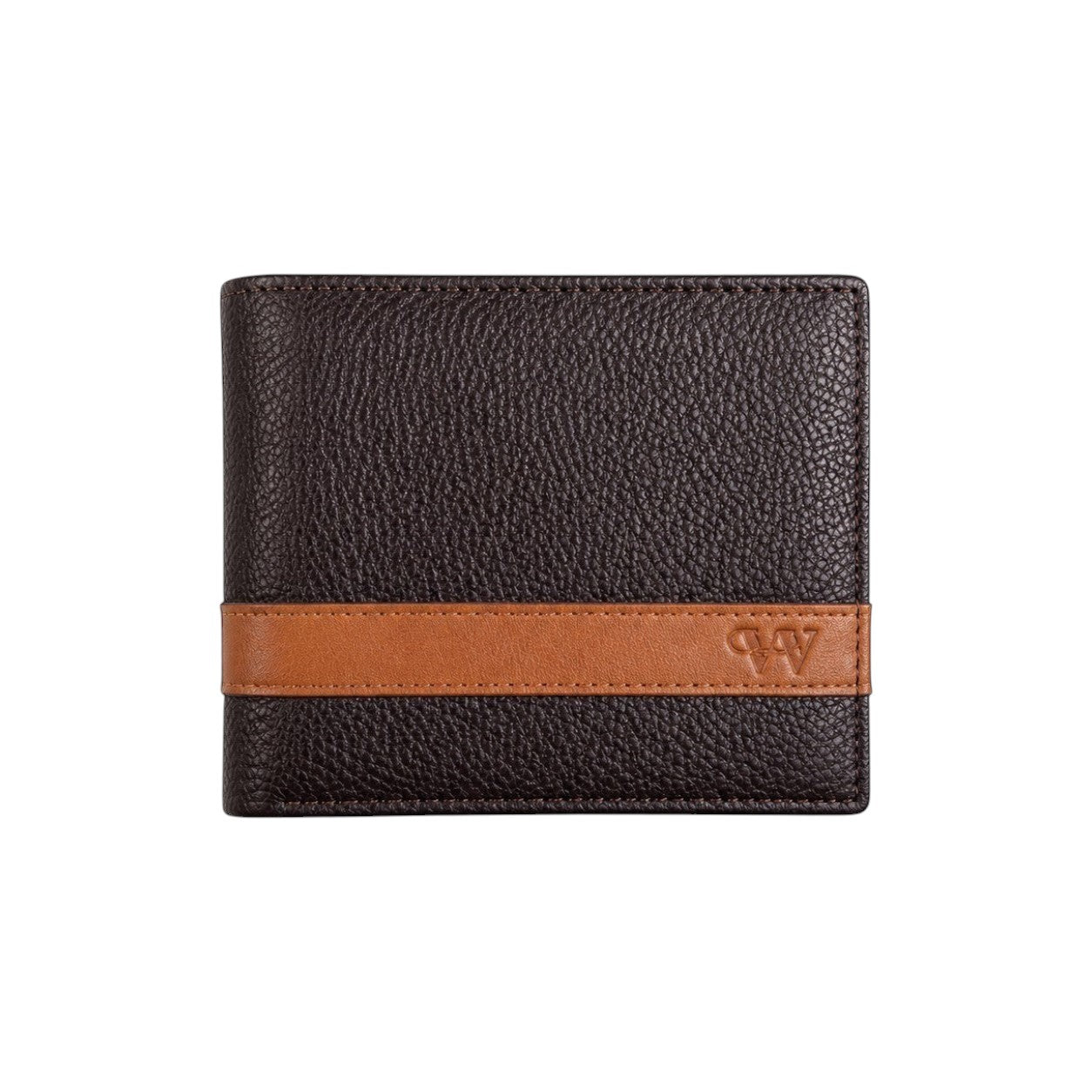 Wildebeast The Outrider brown bifold wallet in textured European leather with a contrasting tan stripe and logo