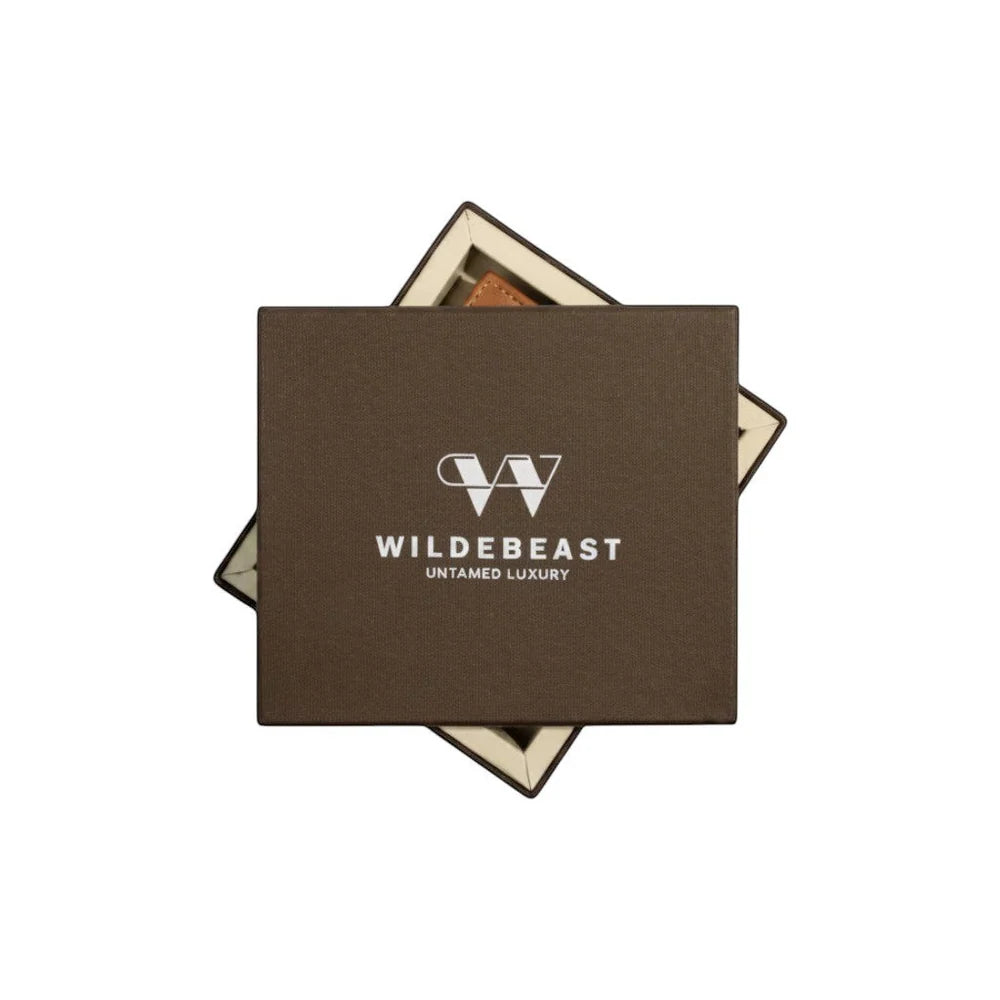 The Outrider Navy leather wallet with its Wildebeast gift box