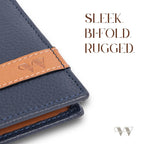 Close-up of The Outrider Navy wallet's embossed Wildebeast logo on the tan leather stripe