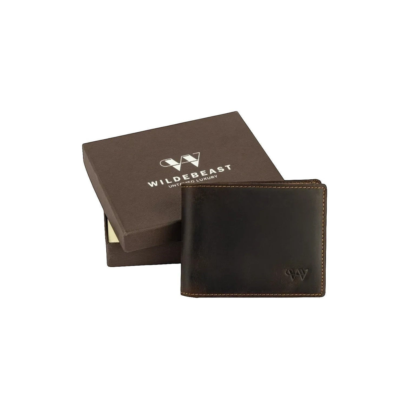 Wildebeast The Ranger brown waxed Crazy Horse leather bifold wallet with gift box and embossed logo
