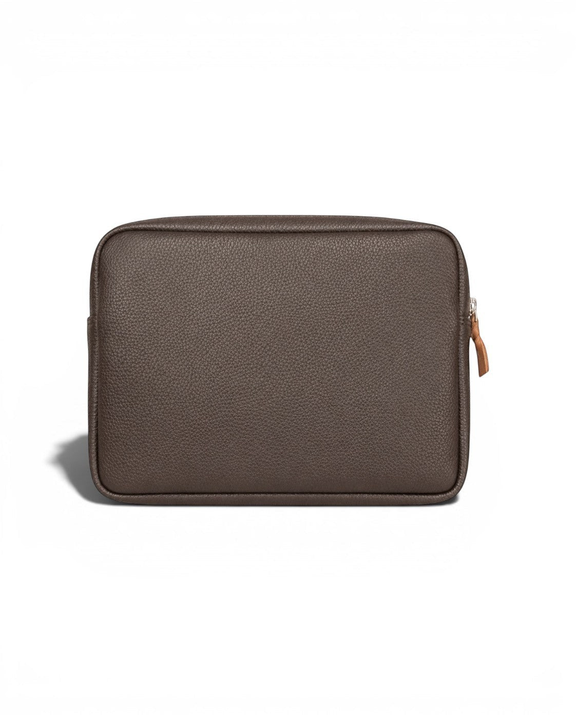 Wildebeast The Relay brown pebbled leather tech organiser pouch with a silver zip and tan leather pull